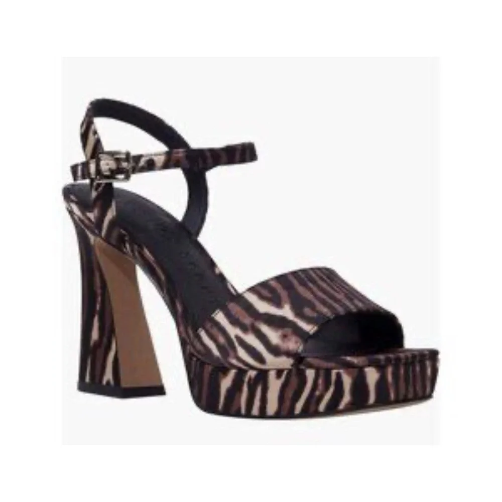 Katy Perry Square Open Sandals Shoes Womens Size 7.5 Animal Tiger Print Heels ..